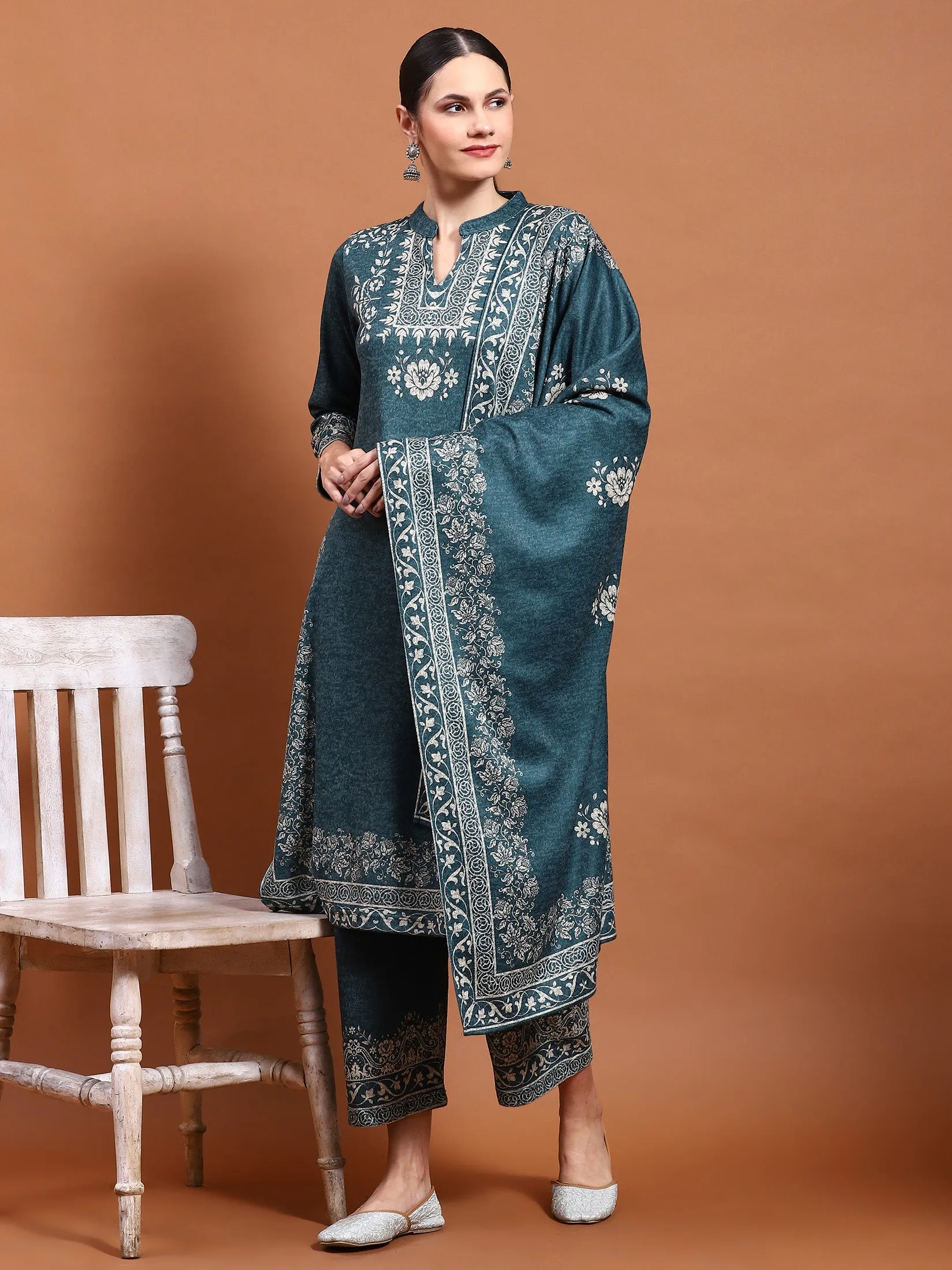 Winter Women Teal Printed Kurta Bottom Dupatta