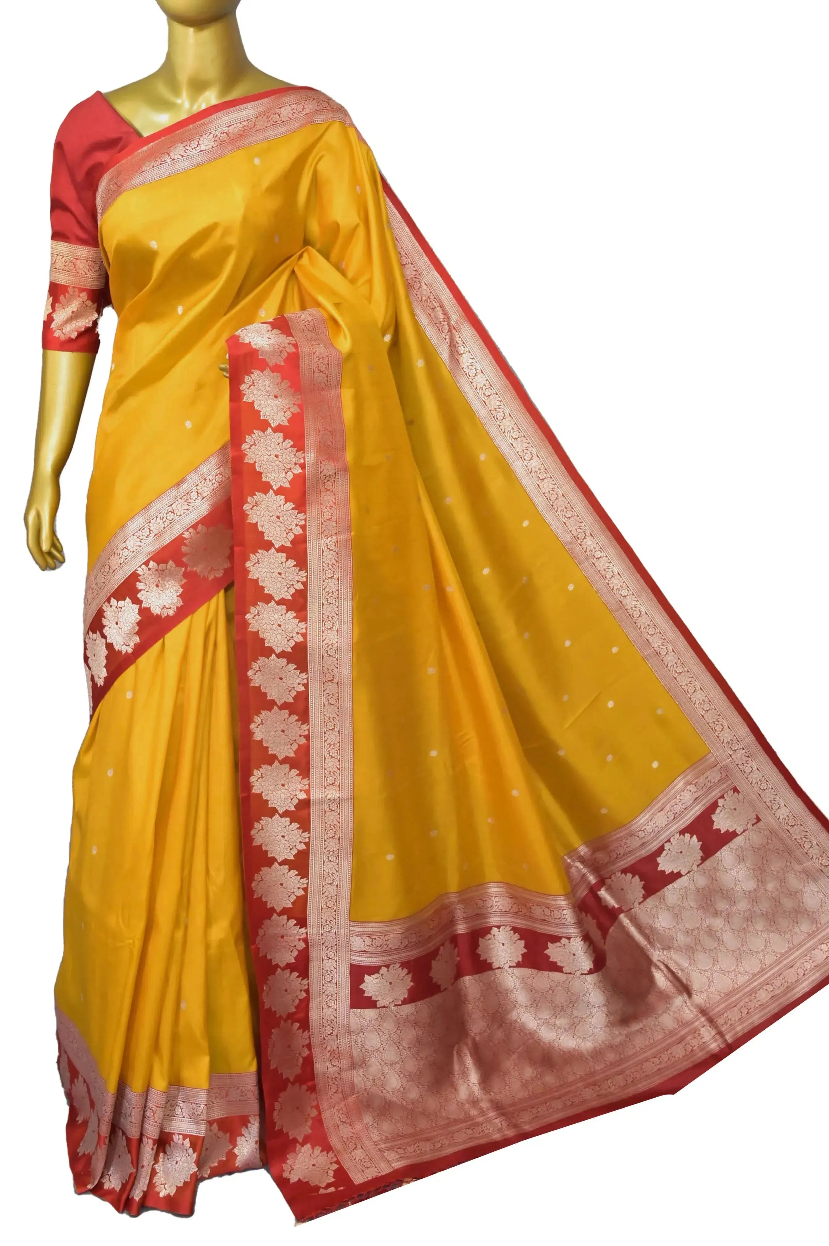 Yellow and Red Color Katan Banarasi Saree with Silver Buti and Zari Border