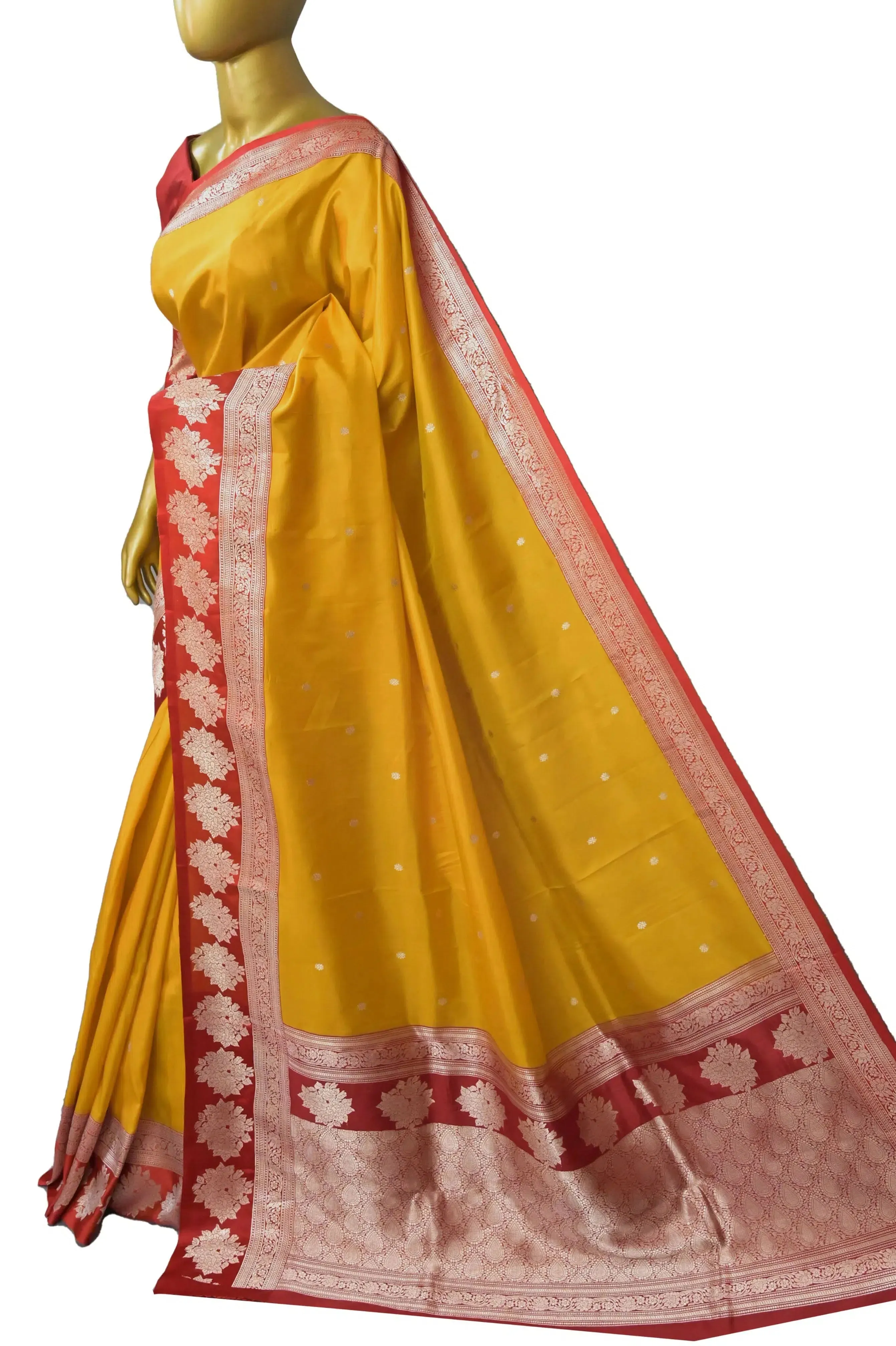 Yellow and Red Color Katan Banarasi Saree with Silver Buti and Zari Border