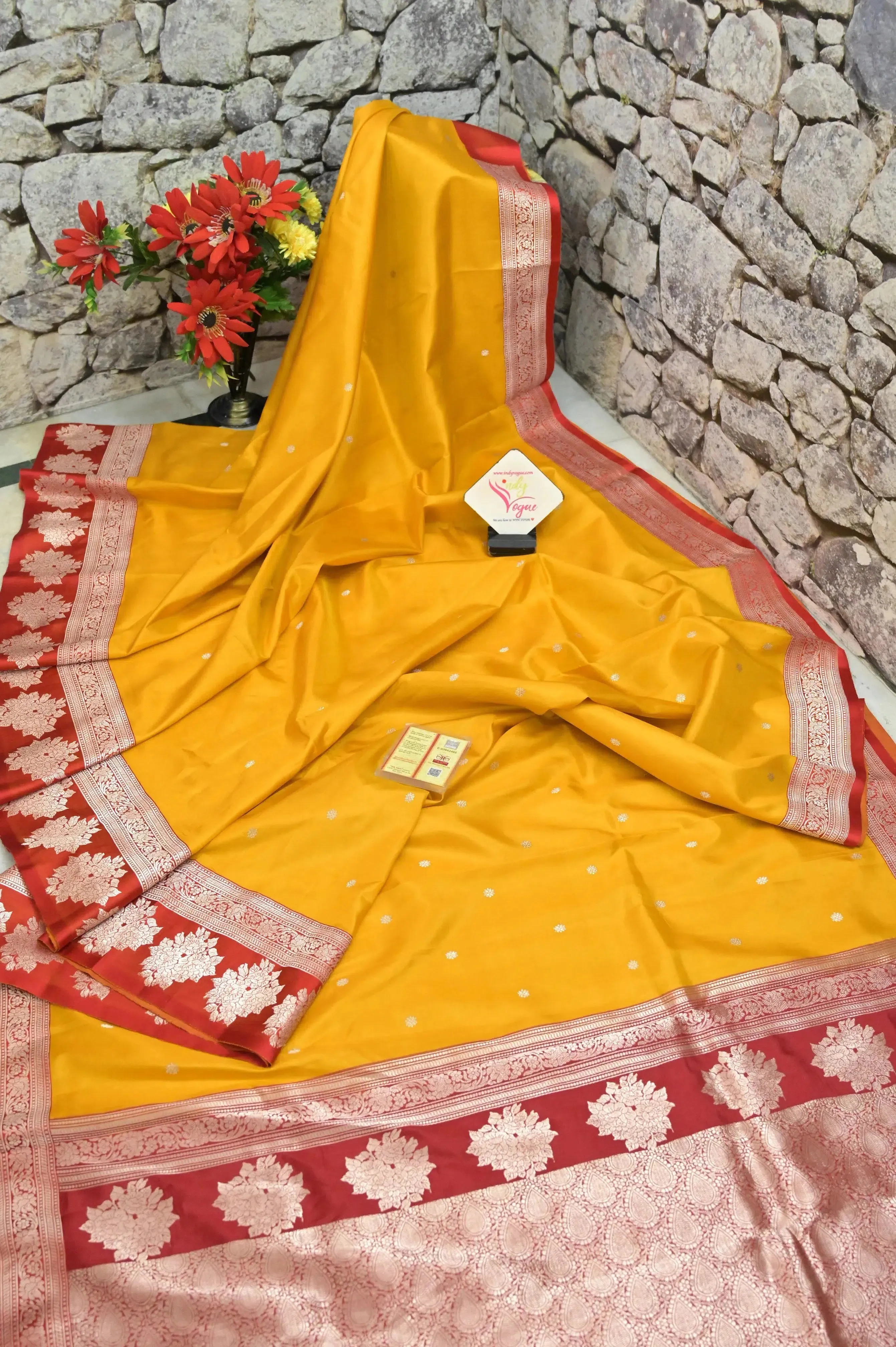 Yellow and Red Color Katan Banarasi Saree with Silver Buti and Zari Border