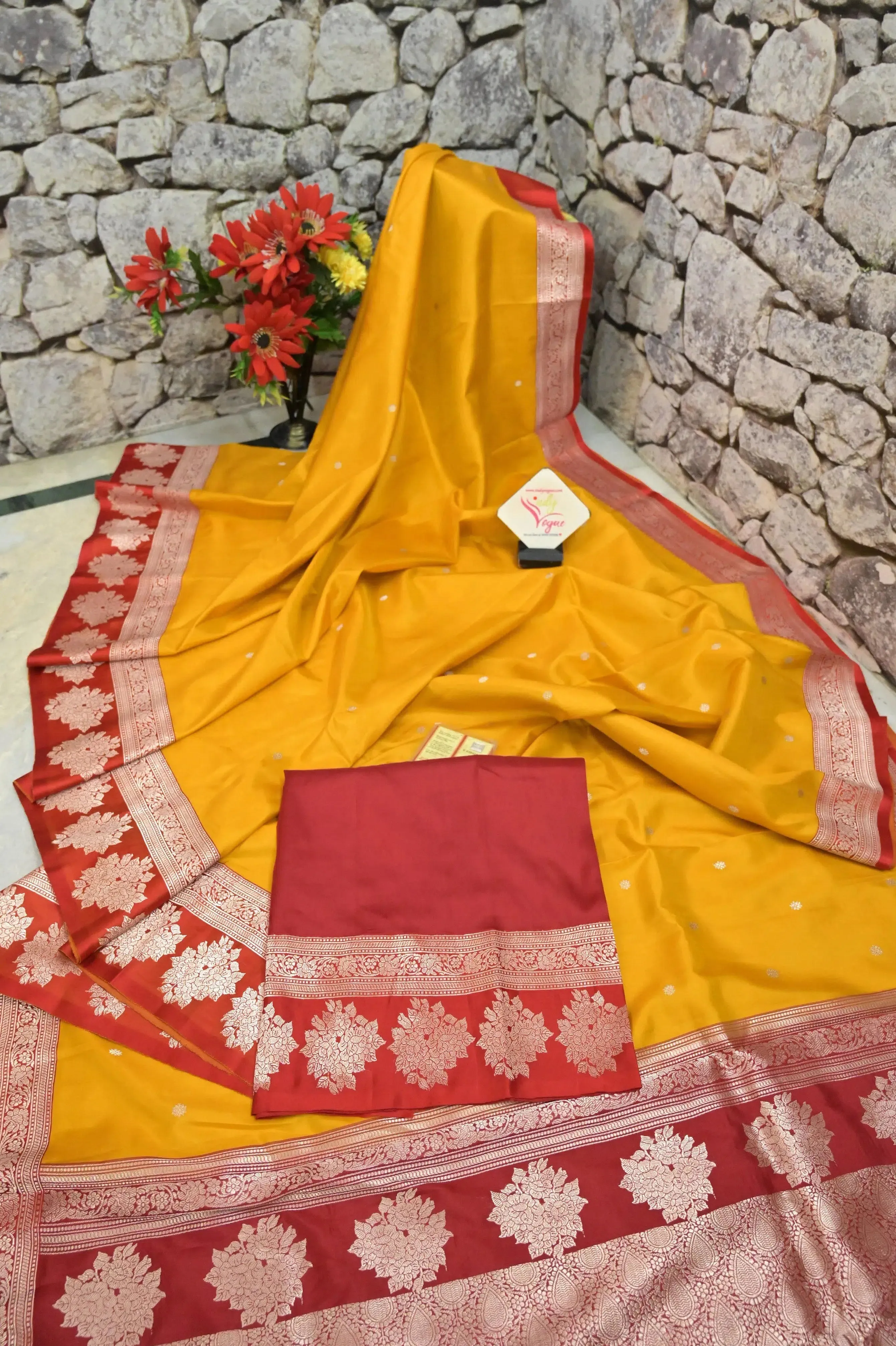 Yellow and Red Color Katan Banarasi Saree with Silver Buti and Zari Border