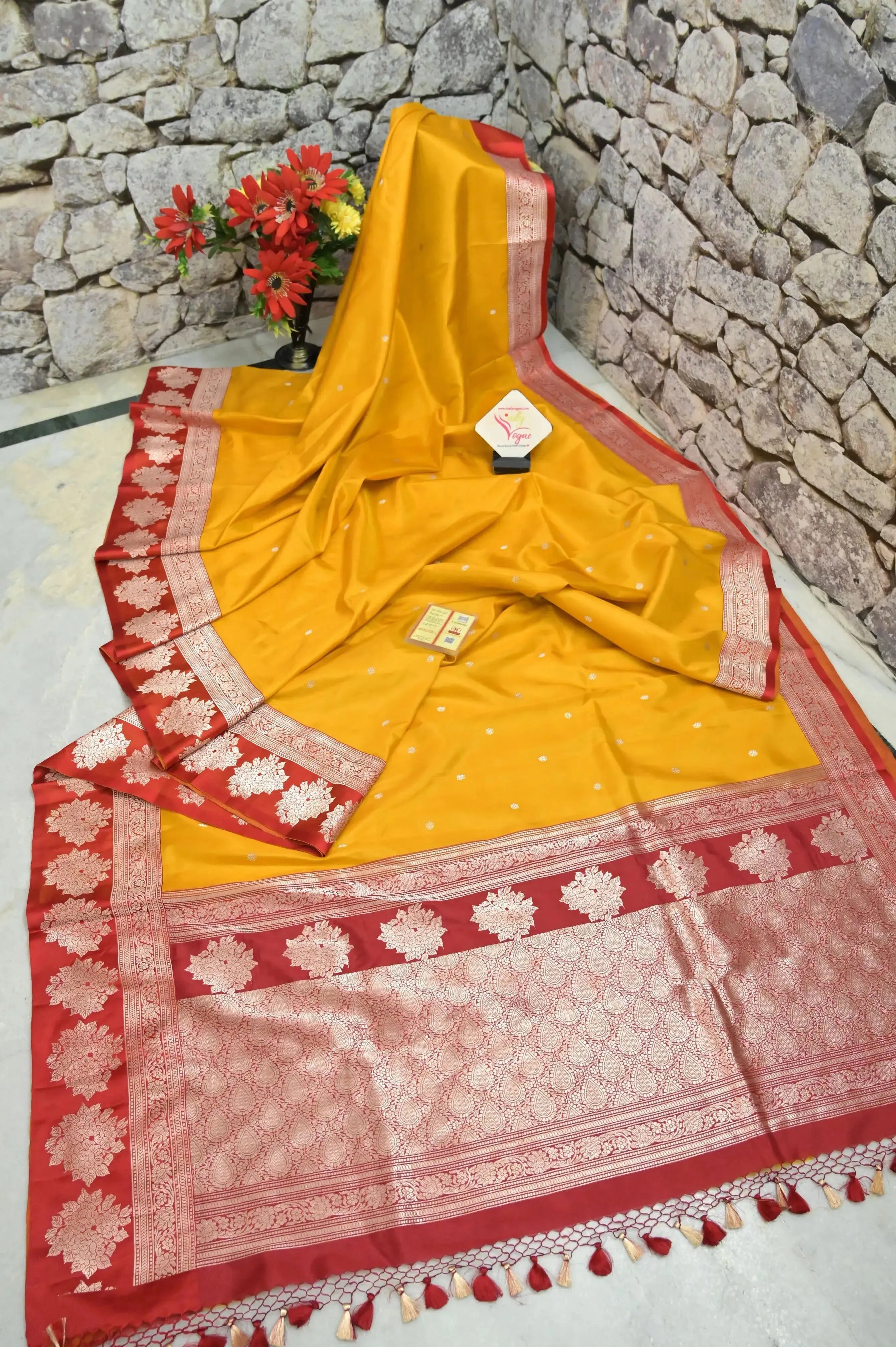 Yellow and Red Color Katan Banarasi Saree with Silver Buti and Zari Border